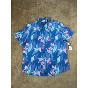 Cubavera Mens XL Blue Floral Bird of Paradise Viscose Short Sleeve Button Up